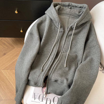 加绒宽松休闲双拉链连帽卫衣外套