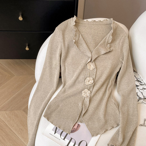 木耳边领套头假开衫坑条针织衫女