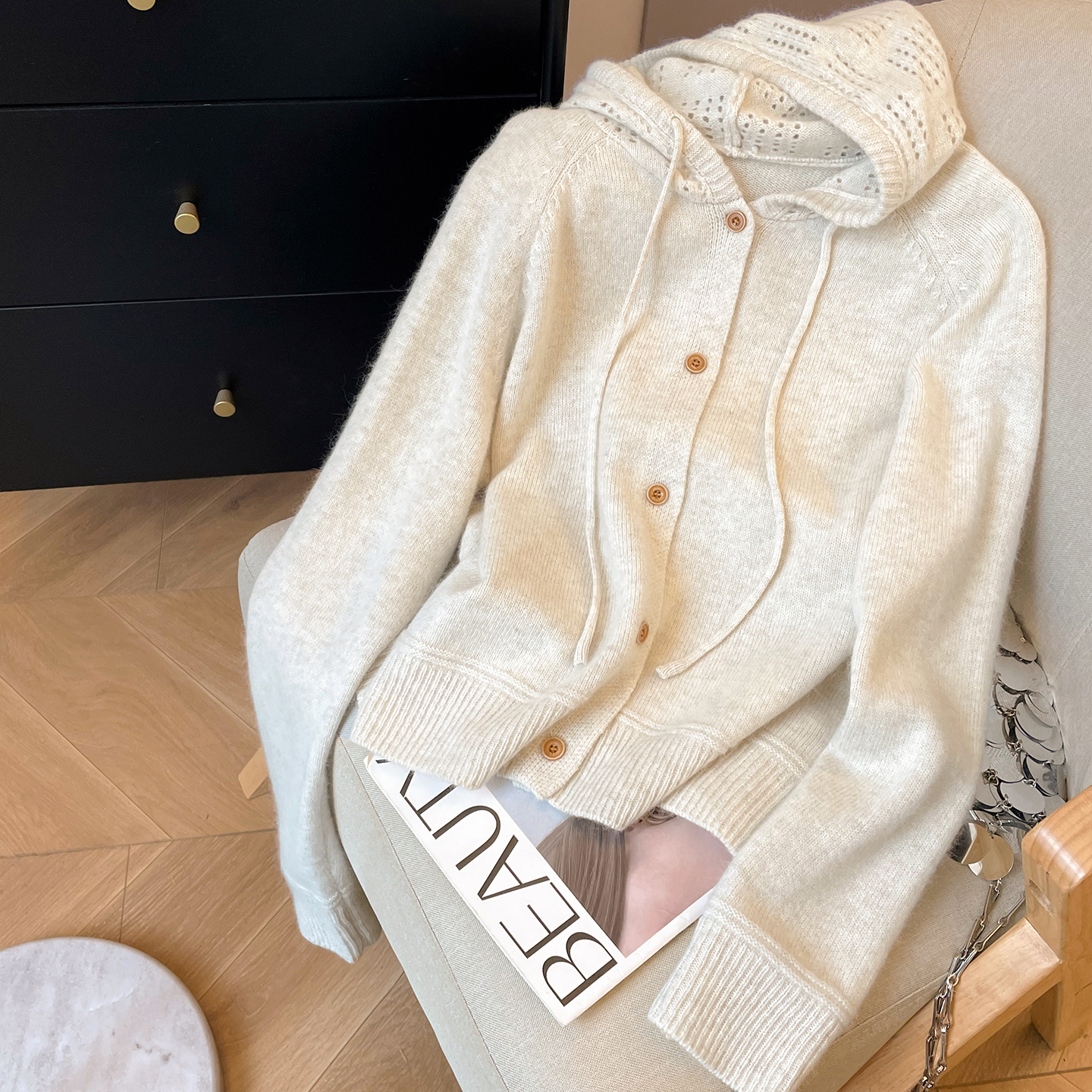 韩系宽松镂空连帽毛衣女冬季新款