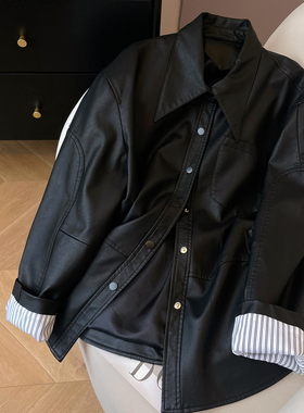 小C家 黑色皮衣外套女2026新款春季酷飒风机车服宽松翻领软皮夹克