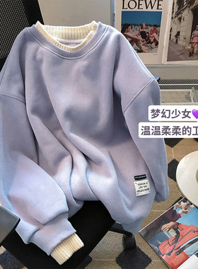 圆领拼接假两件加绒卫衣女