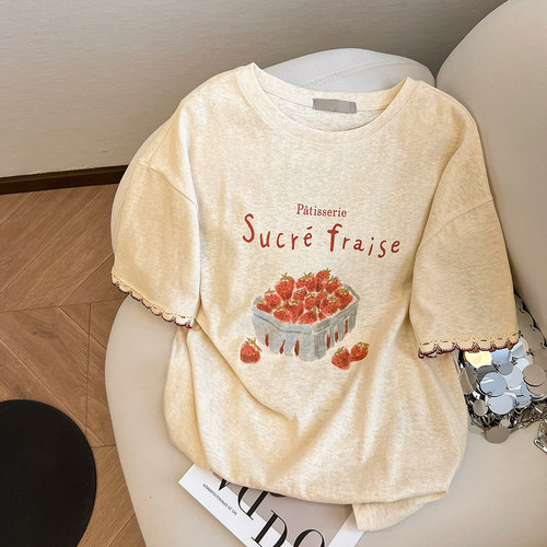 小C家花边袖草莓印花设计感短袖T恤女夏季新款韩版温柔甜美上衣