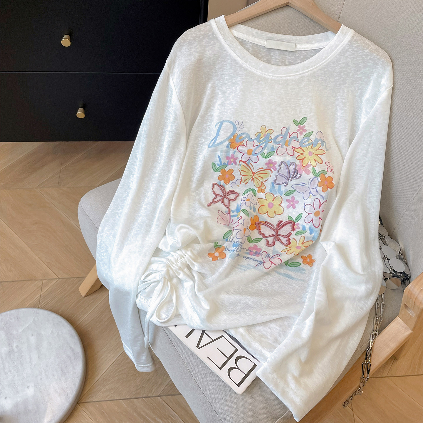 小C家刺绣蝴蝶印花天丝长袖T恤女2026新款夏防晒罩衫韩系抽褶上衣