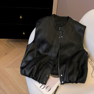 小C家 黑色pu皮马甲女款2026新款春时髦洋气无袖背心马夹拉链外套