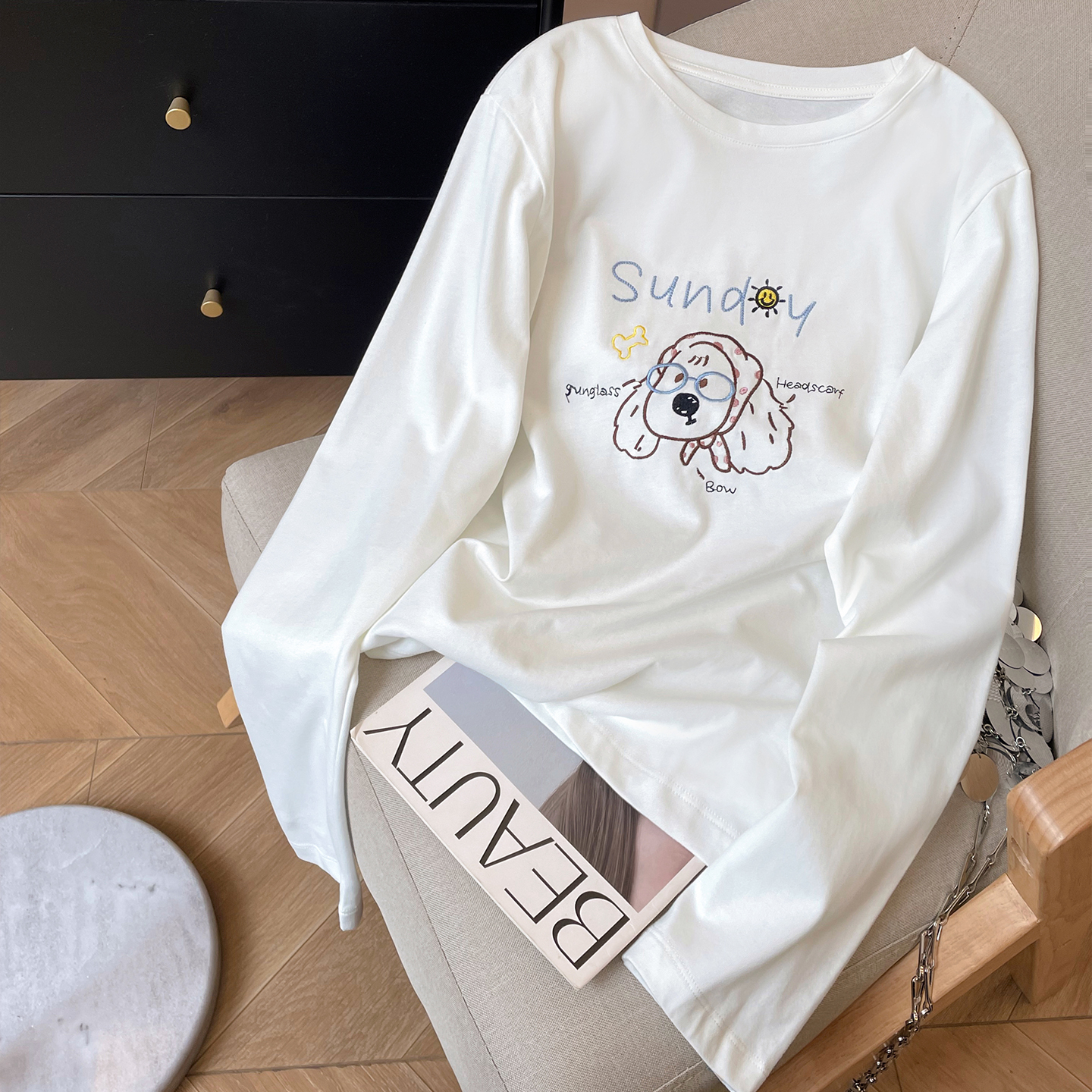 长袖休闲刺绣磨毛纯棉T恤女新款