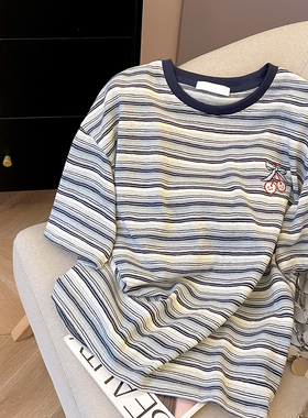 小C家复古撞色圆领条纹短袖T恤女2026新款夏休闲宽松樱桃刺绣上衣