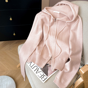 小C家 连帽毛衣开衫外套女2025新款冬季休闲宽松双拉链软糯针织衫