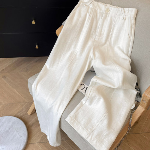 小C家 白色亚麻高腰显瘦窄版直筒裤女夏季新款爆款拉链宽松休闲裤