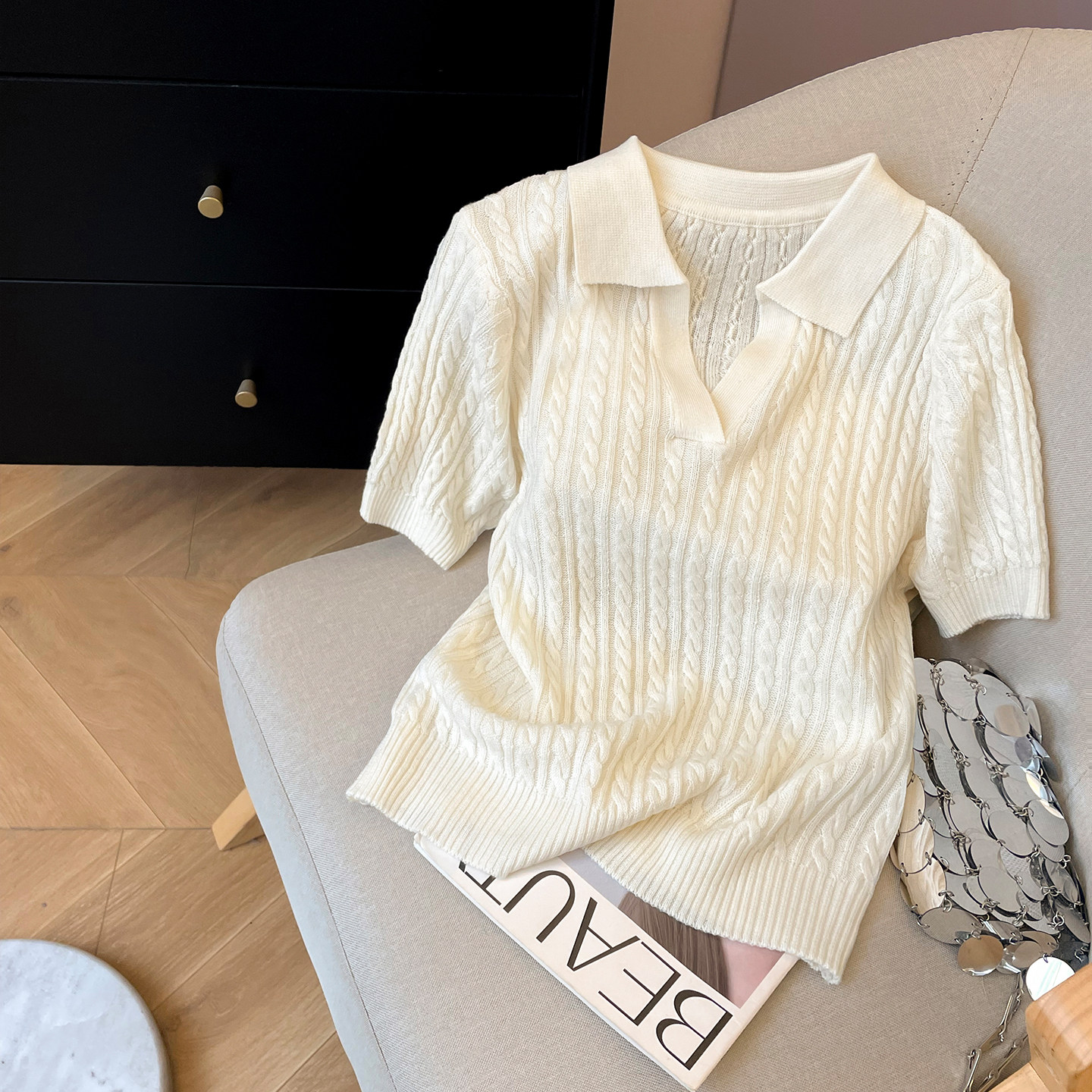 小C家 polo领麻花针织短袖女2026新款春季学院风穿搭翻领套头上衣