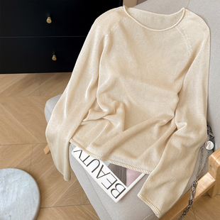 小C家 卷边圆领薄款针织衫女款2026新款夏季宽松长袖轻薄罩衫上衣