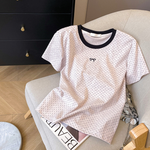 夏韩系撞色圆领正肩上衣 T恤女2026新款 小C家 蝴蝶结刺绣波点短袖