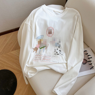 慵懒风宽松打底衫 新款 T恤女2026春季 小C家趣味卡通印花磨毛棉长袖