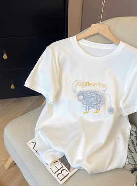 小C家设计感线条小羊刺绣减龄短袖T恤女2025夏季新款白色显瘦体恤