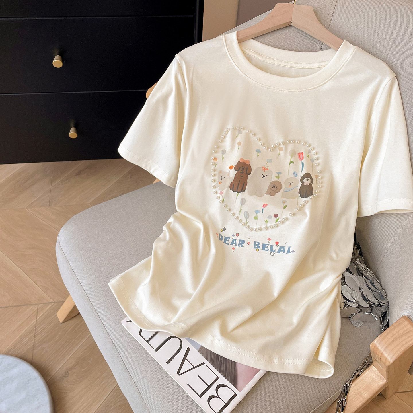 小C家 钉珠小狗印花短袖T恤女2026新款夏季褶皱收腰圆领正肩上衣