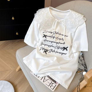 小C家字母刺绣短袖T恤女2026新款夏季甜美蝴蝶结系带蕾丝披肩上衣