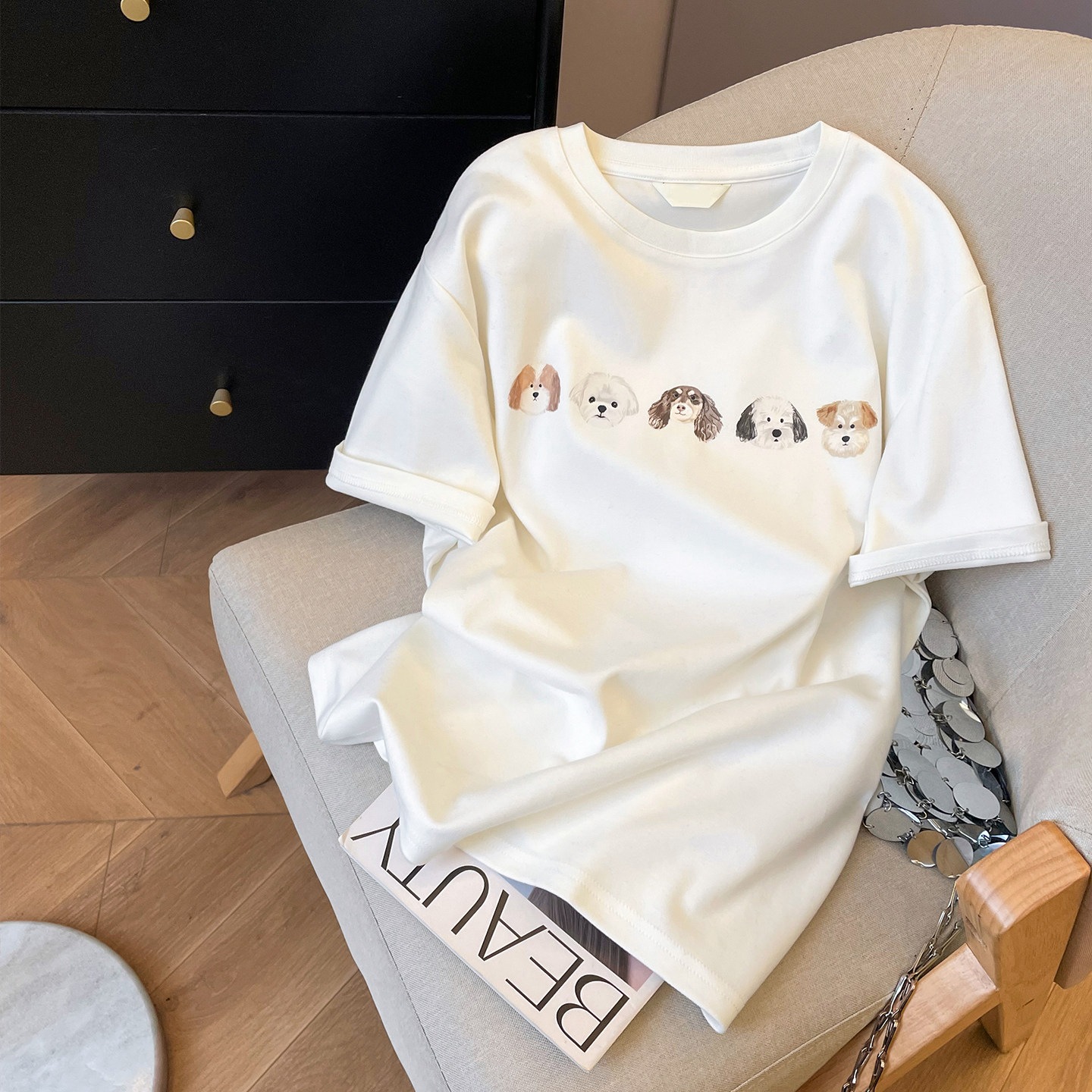 小C家 小狗印花白色短袖t恤女2025新款秋冬宽松圆领内搭打底上衣,女装/女士精品,T恤,淘宝优惠券,粉丝福利购,淘宝优惠卷