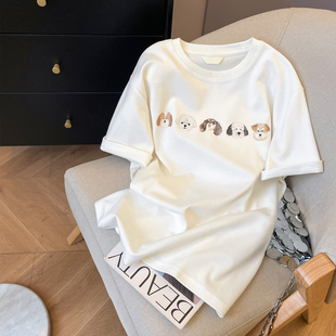 秋冬宽松圆领内搭打底上衣 t恤女2025新款 小C家 小狗印花白色短袖