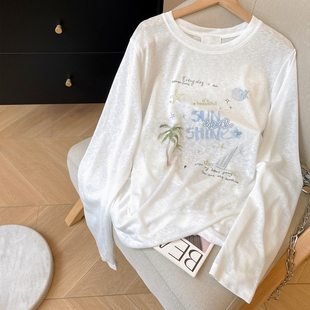 小C家度假风印花长袖T恤女2026新款夏薄款宽松罩衫天丝莱赛尔上衣