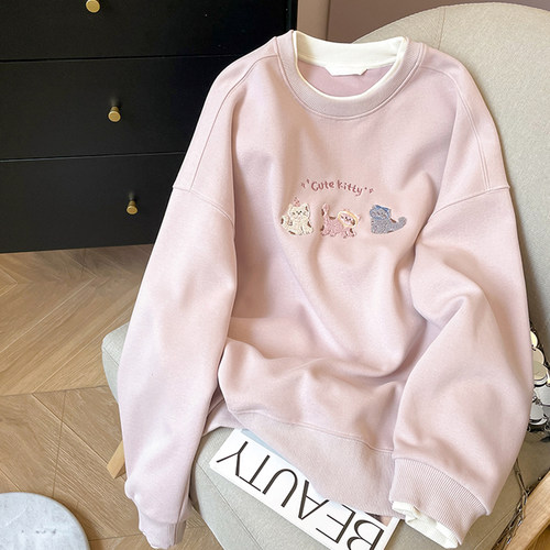 宽松棉休闲刺绣假两件卫衣女新款