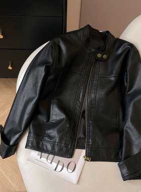 小C家 黑色皮衣外套女2026新款春季酷飒风高级感立领拉链软皮夹克