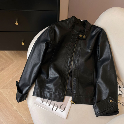 宽松休闲立领拉链皮衣外套女新款