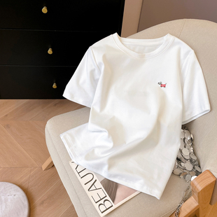 小C家 小狗刺绣短袖T恤女2026新款冬加厚磨毛打底衫圆领内搭上衣