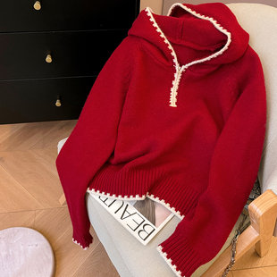 宽松套头针织衫 小C家 冬季 2025新款 上衣 撞色边半拉链连帽毛衣女款