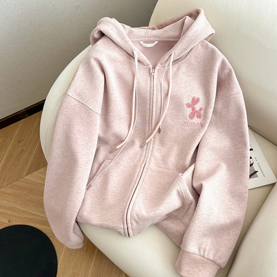 小C家 粉色减龄连帽卫衣女2025新款秋季休闲宽松刺绣开衫拉链外套