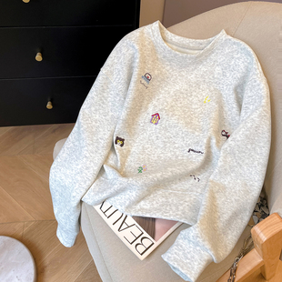 小C家 卡通刺绣圆领卫衣女款2026新款春季宽松落肩袖无帽套头上衣