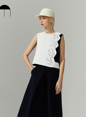 COMME MOI吕燕设计师早春镂空拼接飘带设计撞色无袖上衣衬衫