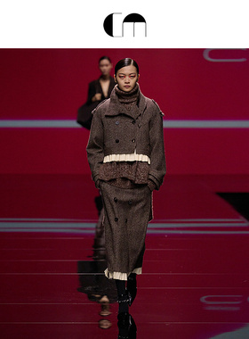 [胡可同款]COMME MOI吕燕设计师春女装廓形羊毛香风PU拼接短夹克