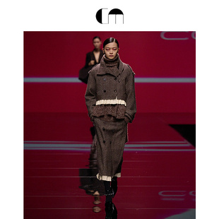 COMME MOI吕燕设计师春女装 廓形羊毛香风PU拼接短夹克 胡可同款