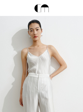 [意大利进口面料]COMME MOI吕燕设计师女装流光银色条纹提花吊带