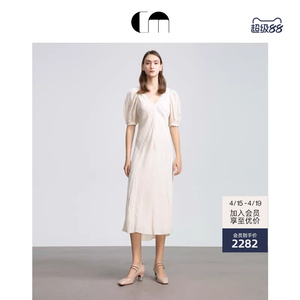 COMME MOI吕燕设计师春夏女粘纤修身泡泡袖气质连衣裙