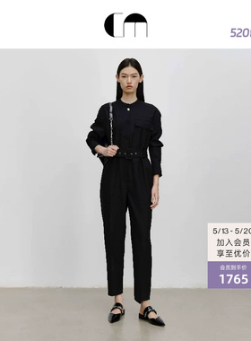 COMME MOI吕燕设计师夏季女装羊毛混纺长袖小立领黑色连体裤