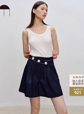 COMME MOI吕燕设计师早春款藏青色微阔不对称腰头高腰短裤