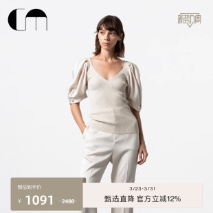 针织拼接上衣女 泡泡袖 COMME MOI吕燕设计师早春V领衬衫