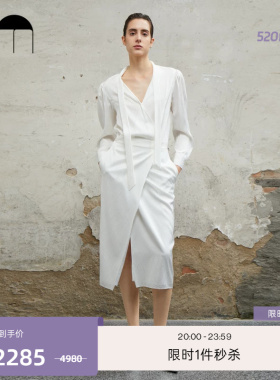 COMME MOI吕燕设计师夏季女装通勤简约白色真丝印花连衣裙