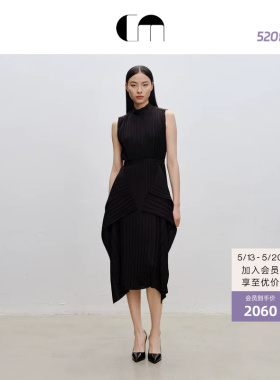 COMME MOI吕燕设计师夏季黑色不对称下摆圆领压褶设计感连衣裙