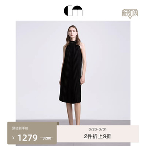 COMME MOI吕燕设计师早春女醋酸挂脖百褶连衣裙无袖通勤轻礼服