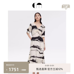 印花连衣裙 真丝V领泡泡袖 COMME MOI吕燕设计师早春女装