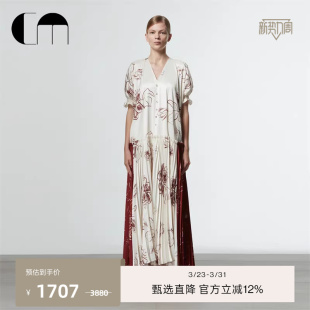 宽松V领连衣裙 复古印花压褶灯笼袖 COMME MOI吕燕设计师早春新中式