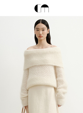 COMME MOI吕燕设计师女装马海毛一字肩套头氛围感质感白色毛衣