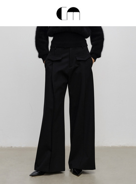 COMME MOI吕燕设计师早春女装黑色羊毛混纺高腰阔腿裤休闲裤