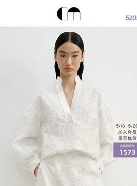 COMME MOI吕燕设计师女白色独特提花新中式V领拼接廓形淡人衬衫