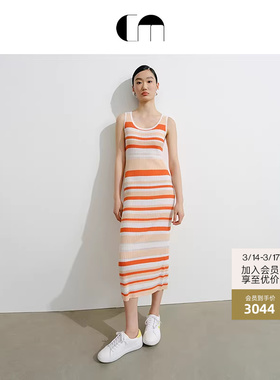 明星同款系列 COMME MOI吕燕设计师早春羊毛U领条纹紧身连衣裙