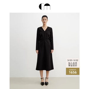 COMME MOI吕燕设计师女装V领褶裥收腰显瘦羊毛可内搭连衣裙