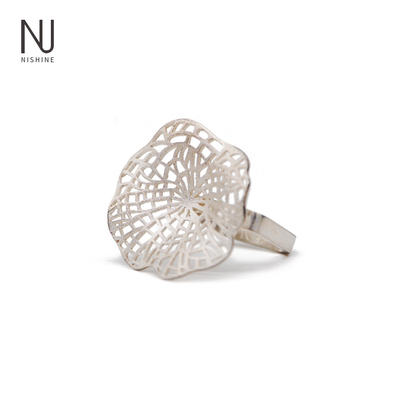 NISHINE/倪上设计原创设计师首饰 风荷系列时尚925纯银荷叶方戒指