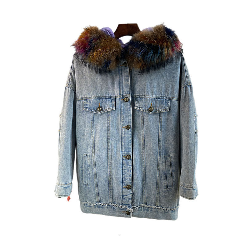 貉子毛牛仔外套女新款冬百搭獭兔毛宽松韩版中长款加厚派克服连帽