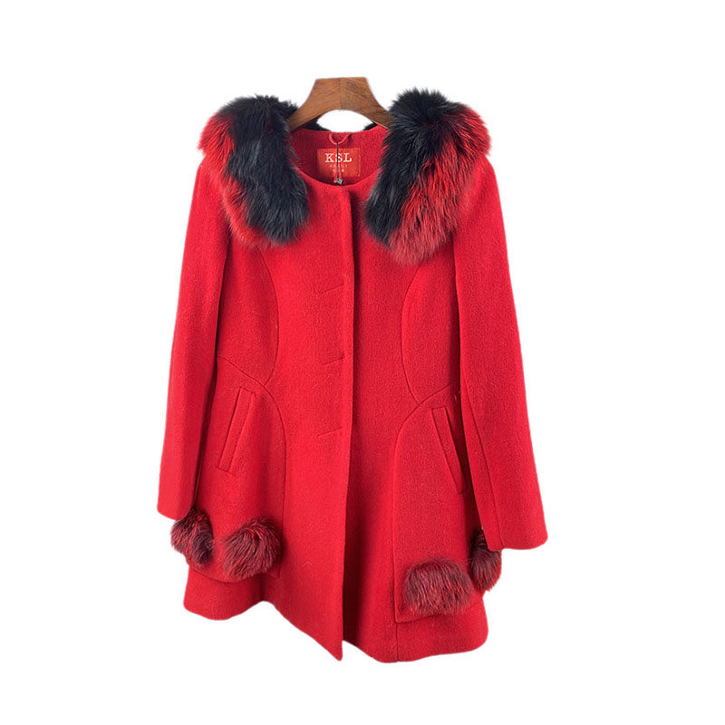 秋冬狐狸毛领皮草外套羊毛呢大衣中长款韩版修身女士单面尼显瘦特
